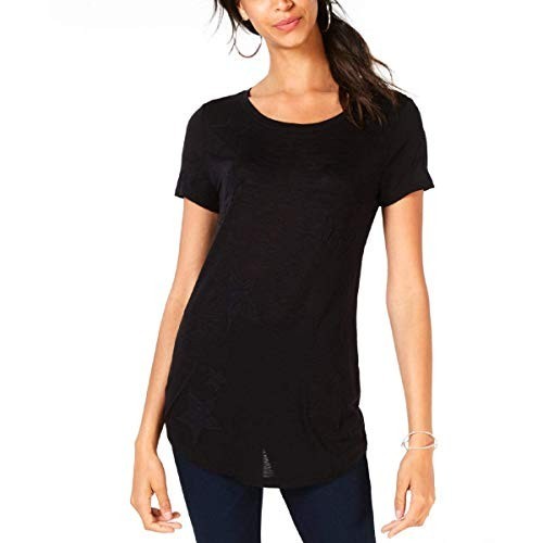 INC International Concepts Women\'s Blouse Embroidered Short Sleeve BLACK Size L