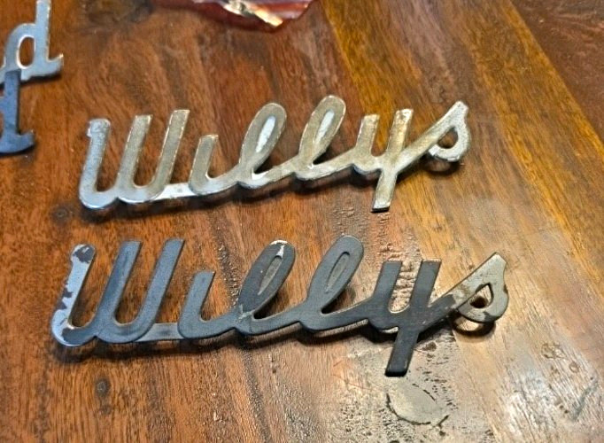 Willys Overland RARE 1946 1948 1949 Chrome Name Plate 2 piece lot Willys Overland RARE 1946 1948 1949 Chrome Name Plate 2 piece lot