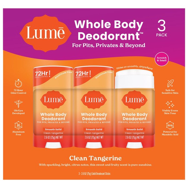 Lumē Whole Body Deodorant Clean Tangerine 3Pk 2.6 Oz 72 Hour Pits Privates More