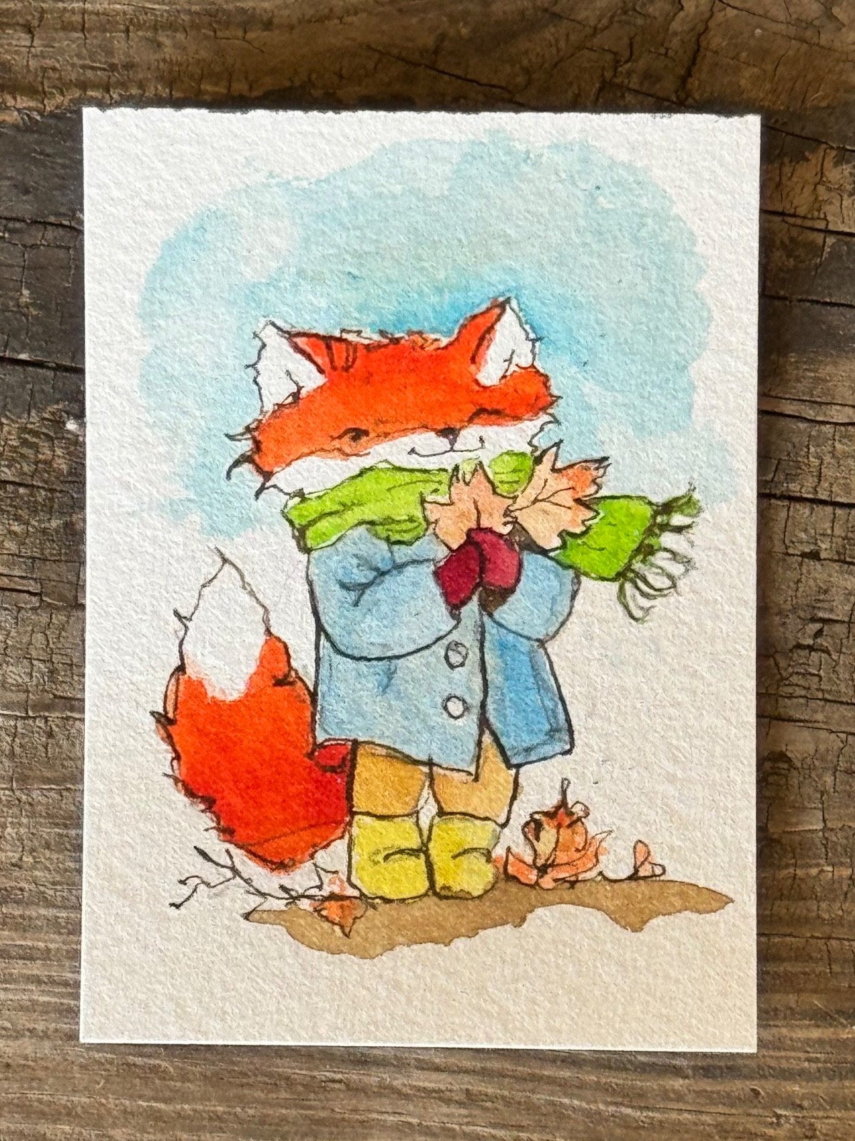 Origional Watercolor ACEO Fox and autumn leaves signed by artist Edith Schmidt Origional Watercolor ACEO Fox and autumn leaves signed by artist Edith Schmidt