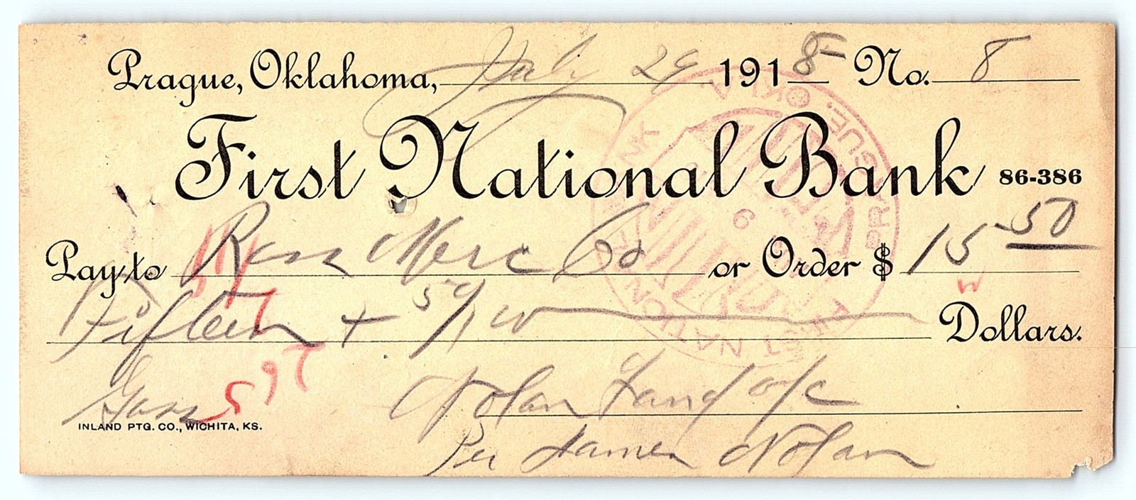 1919 Prague, OK First National Bank cancelled check 1919 Prague, OK First National Bank cancelled check