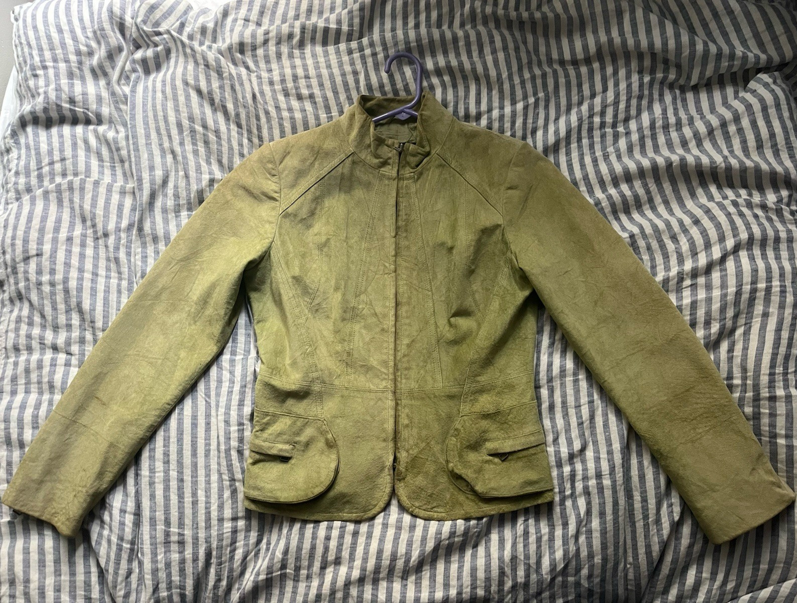 ALFANI Women\'s Olive Green Suede Leather Zip Jacket w/ Pockets, Size S