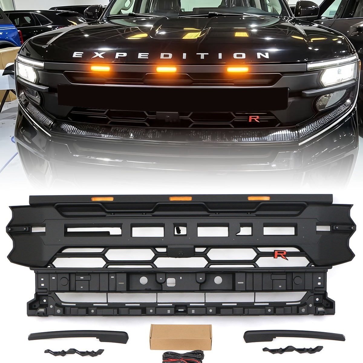 Black Front Grille Fits For Ford Expedition 2025-2026 Upper Grill With LED Light
