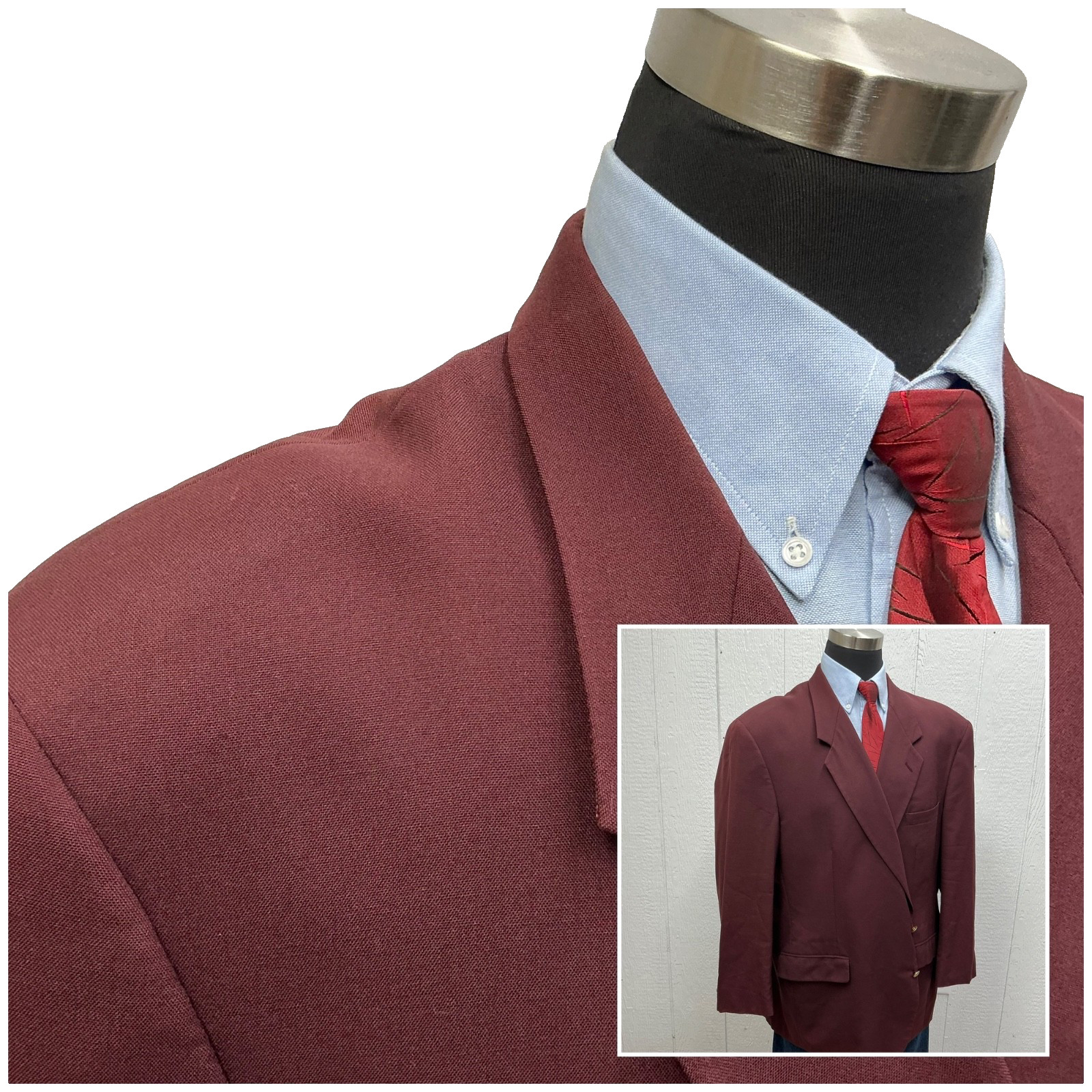 Vtg 56/58R Austin Reed Suit Jacket Sport Coat Blazer Maroon Gold Button Mens ***