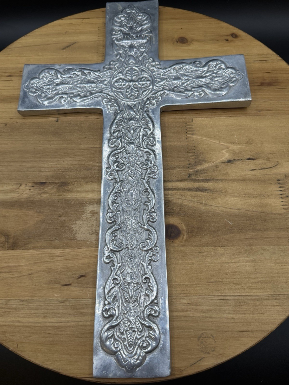 Beautiful Large Vintage Hanging Cross Hand Wrought Pewter 17