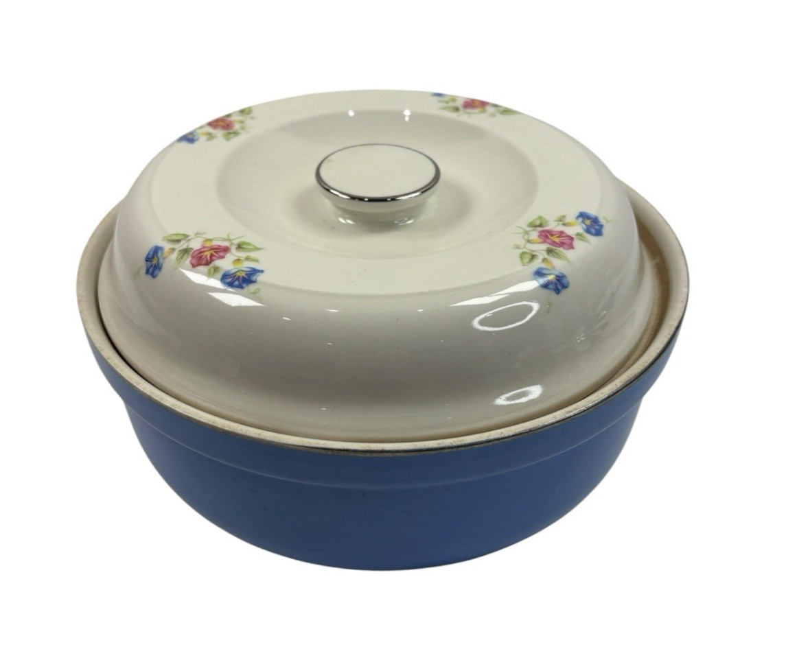 VINTAGE Hall's Cottage Blue Pink Floral Casserole Dish & Lid Silver Trim U.S.A. VINTAGE Hall's Cottage Blue Pink Floral Casserole Dish & Lid Silver Trim U.S.A.