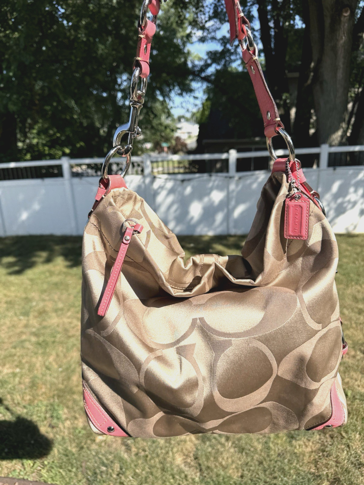 Vintage Y2K 2008 Coach Carly Signature Jacquard Hobo Bag Kahki Coral Pink 13306