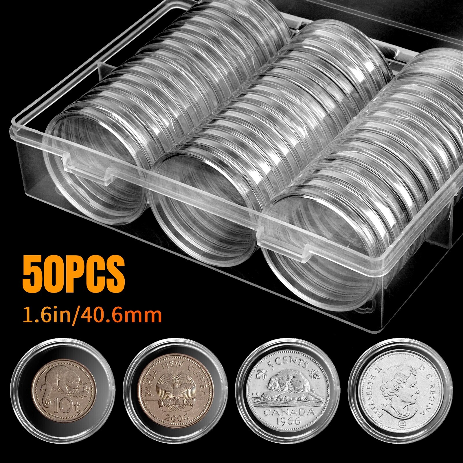 50Pcs 40.6mm Coin Storage Box Capsules Collection Holder for US Silver Eagle 1Oz