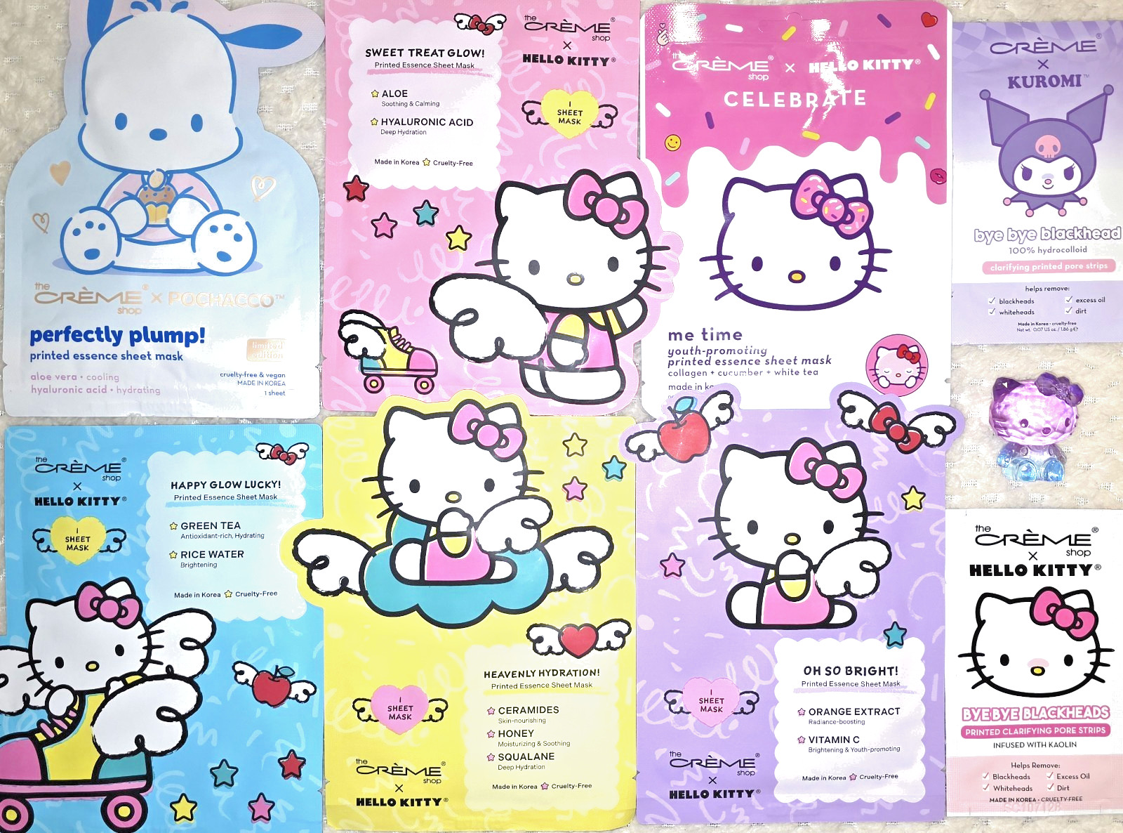 Hello Kitty Sheet Face Masks HUGE NEW LOT 9 Pcs The Creme Shop Kuromi Pochacco