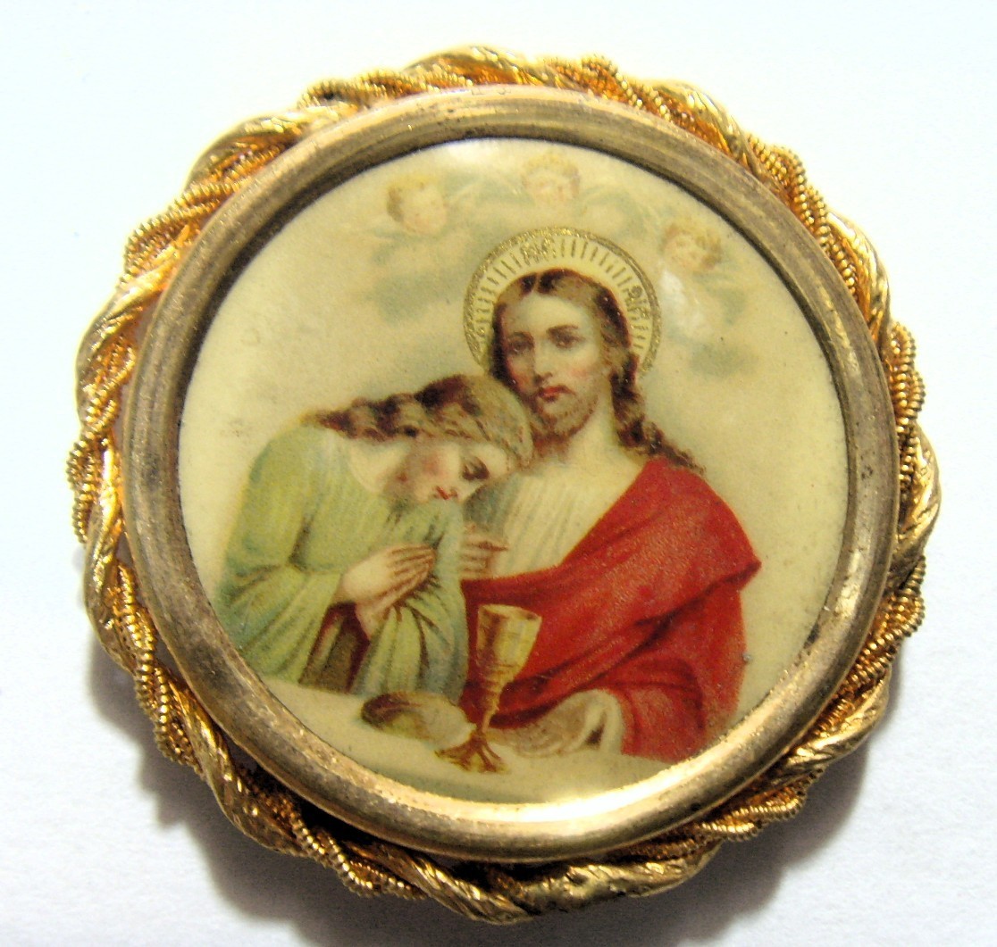 1890s antique 38 mm catholic first holy communion Jesus pinback button 55221