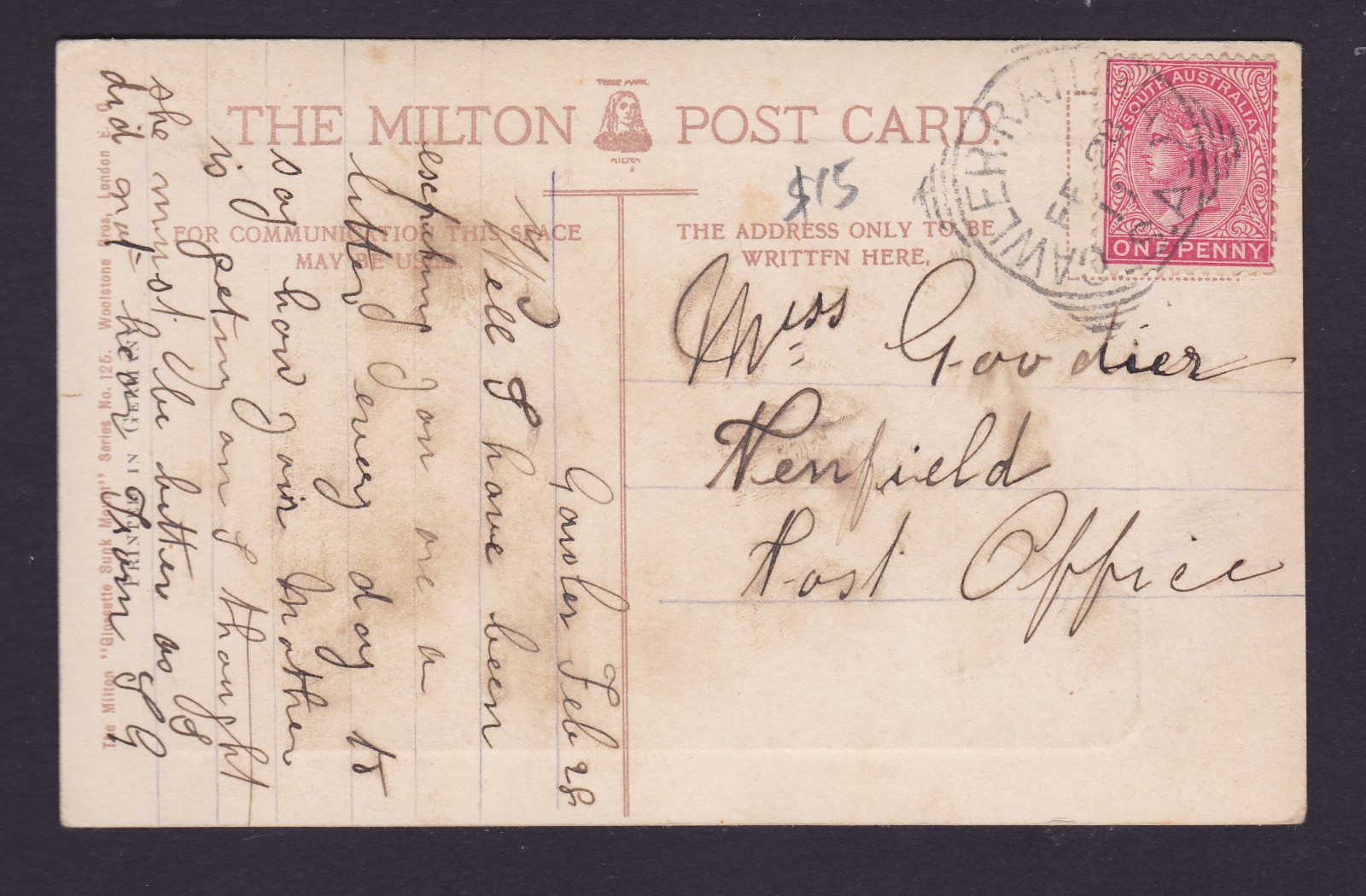 South Australia 1d Red 1911 Postcard Gawler Railway SA Square Circle PMK (SH77)