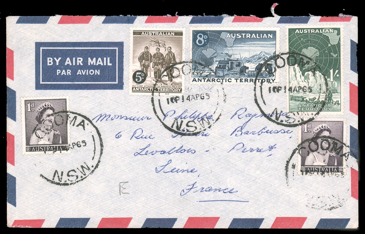 AUSTRALIAN ANTARCTIC TERRITORY FRANKING ON COVER TO FANCE, #L1=L3 plus two AUSTRALIAN ANTARCTIC TERRITORY FRANKING ON COVER TO FANCE, #L1=L3 plus two
