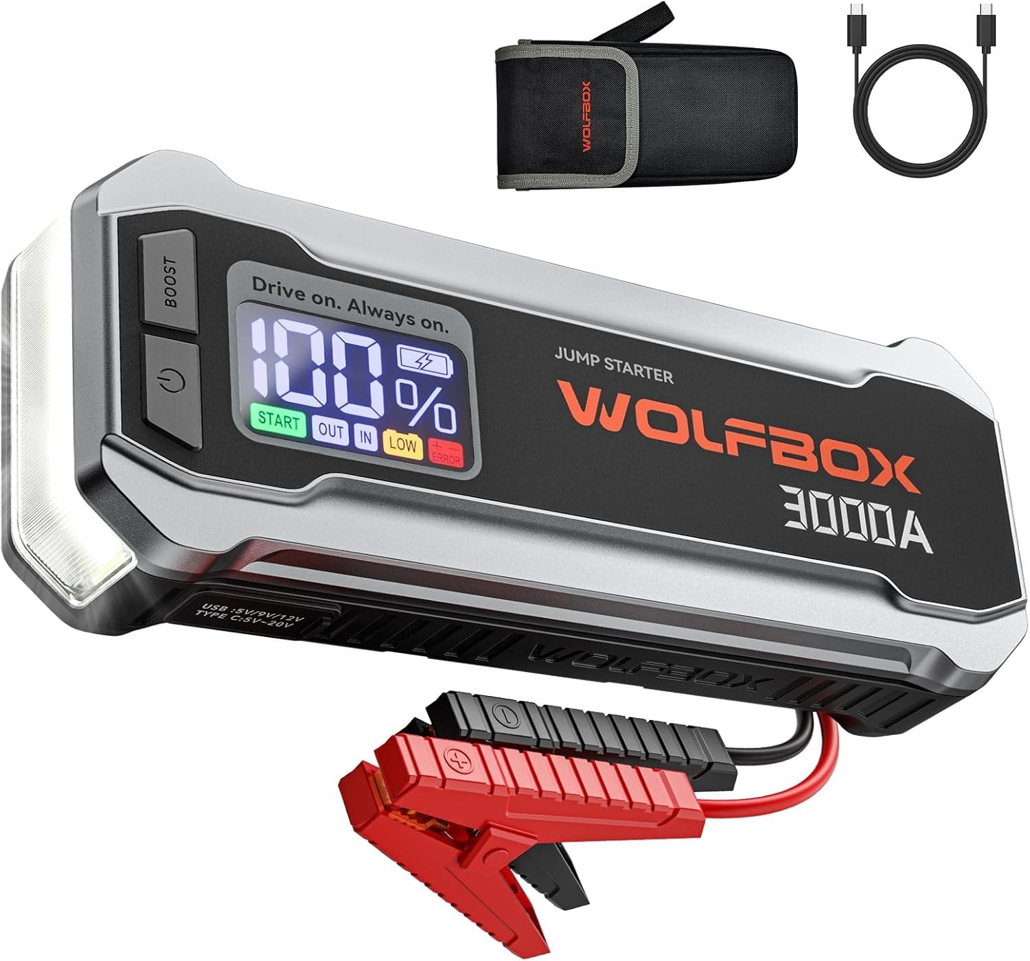 WOLFBOX 3000A Jump Starter 59.2Wh 12V 65W Fast Charge 8L Gas 6L Diesel LED