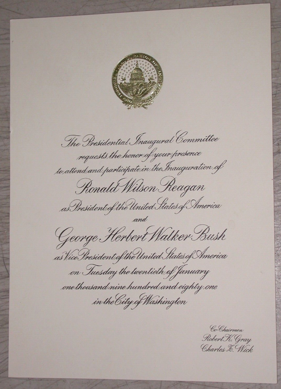 RONALD REAGAN 1981 PRESIDENTIAL INAUGURATION INVITATION GEORGE HW. BUSH