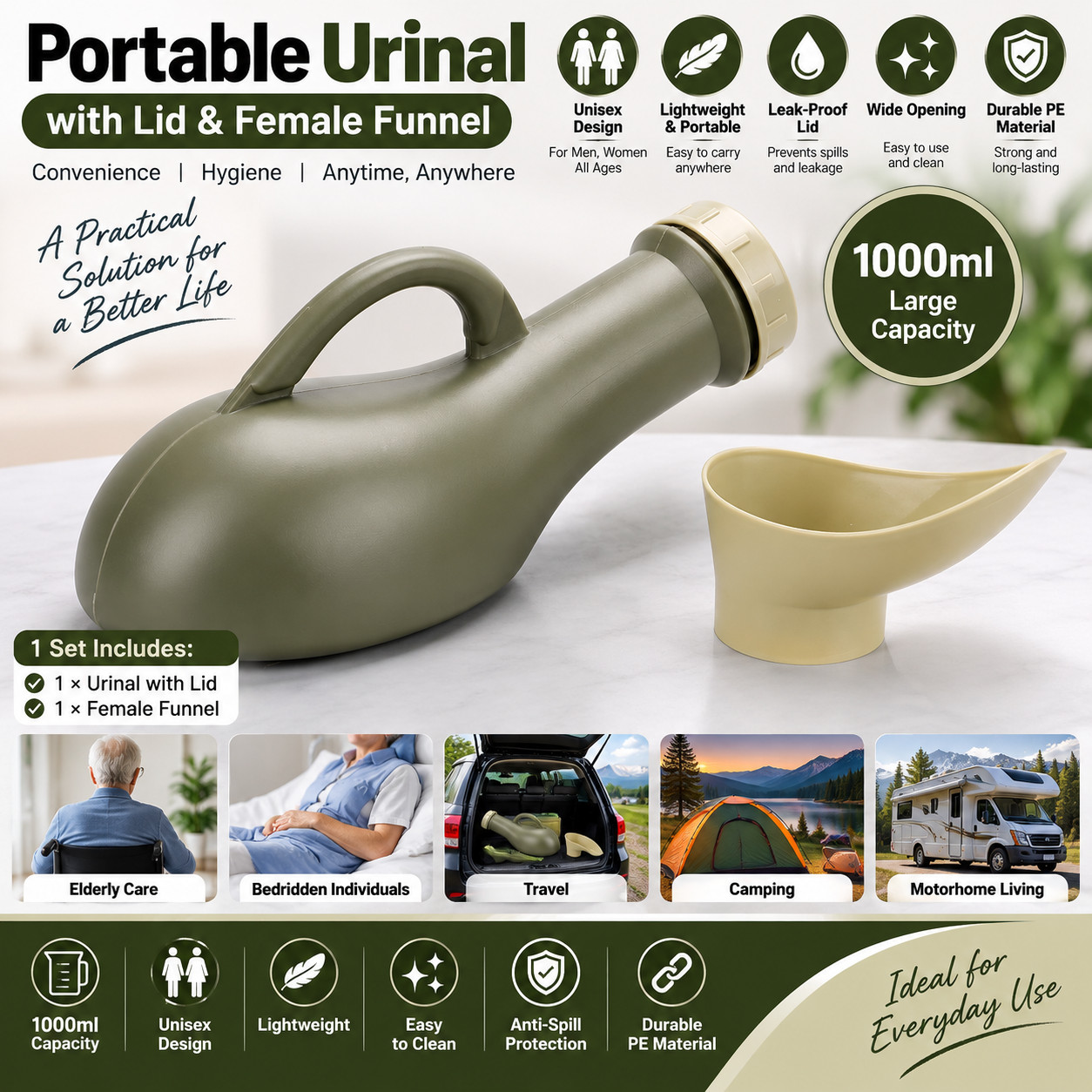 Premium Portable Urinal Bottle with Cap for Men Travel Camping Car Toilet