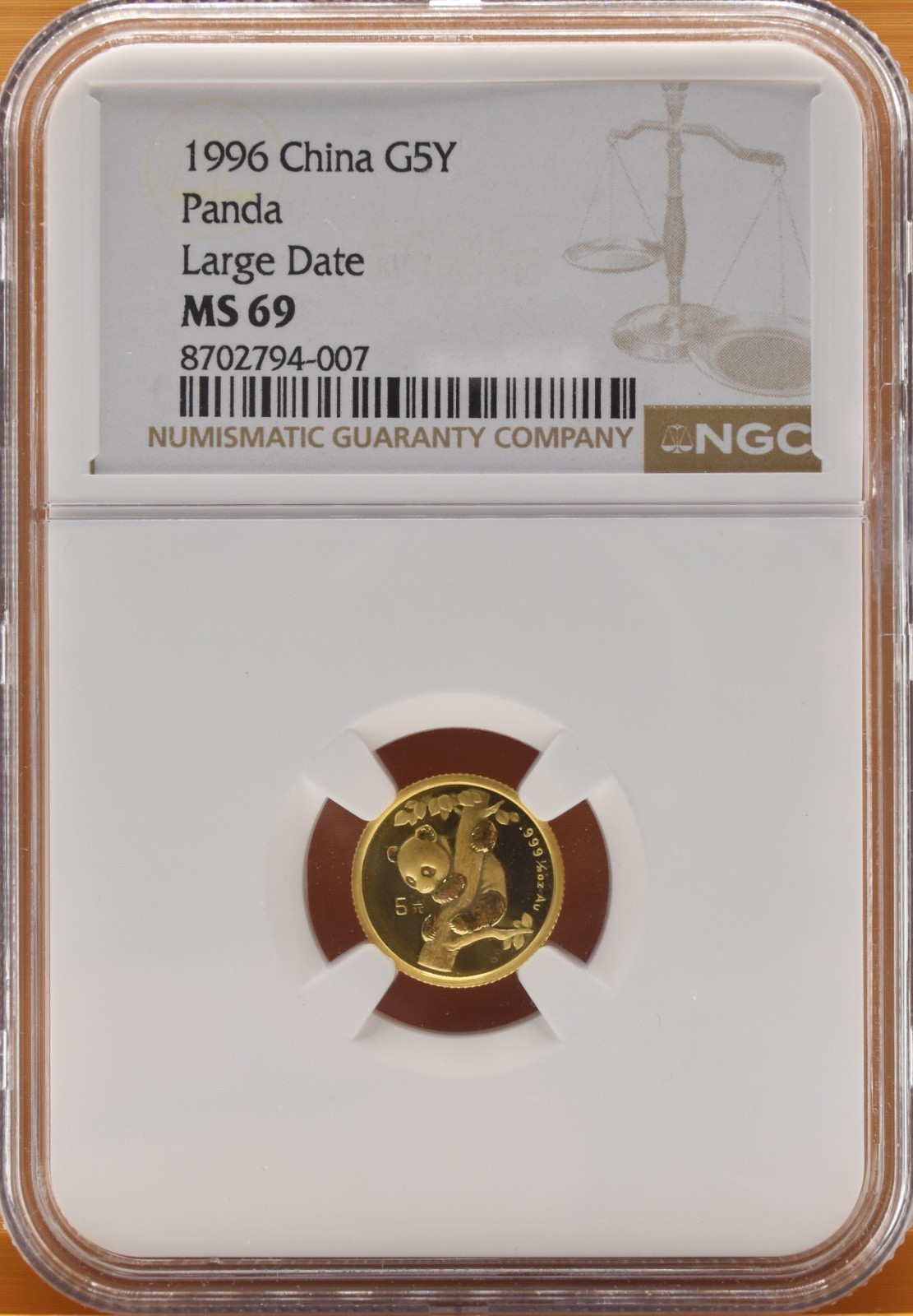 1996 China Gold Panda 5 Yuan Large Date 1/20 oz .999 Fine NGC MS 69 Buy It Now