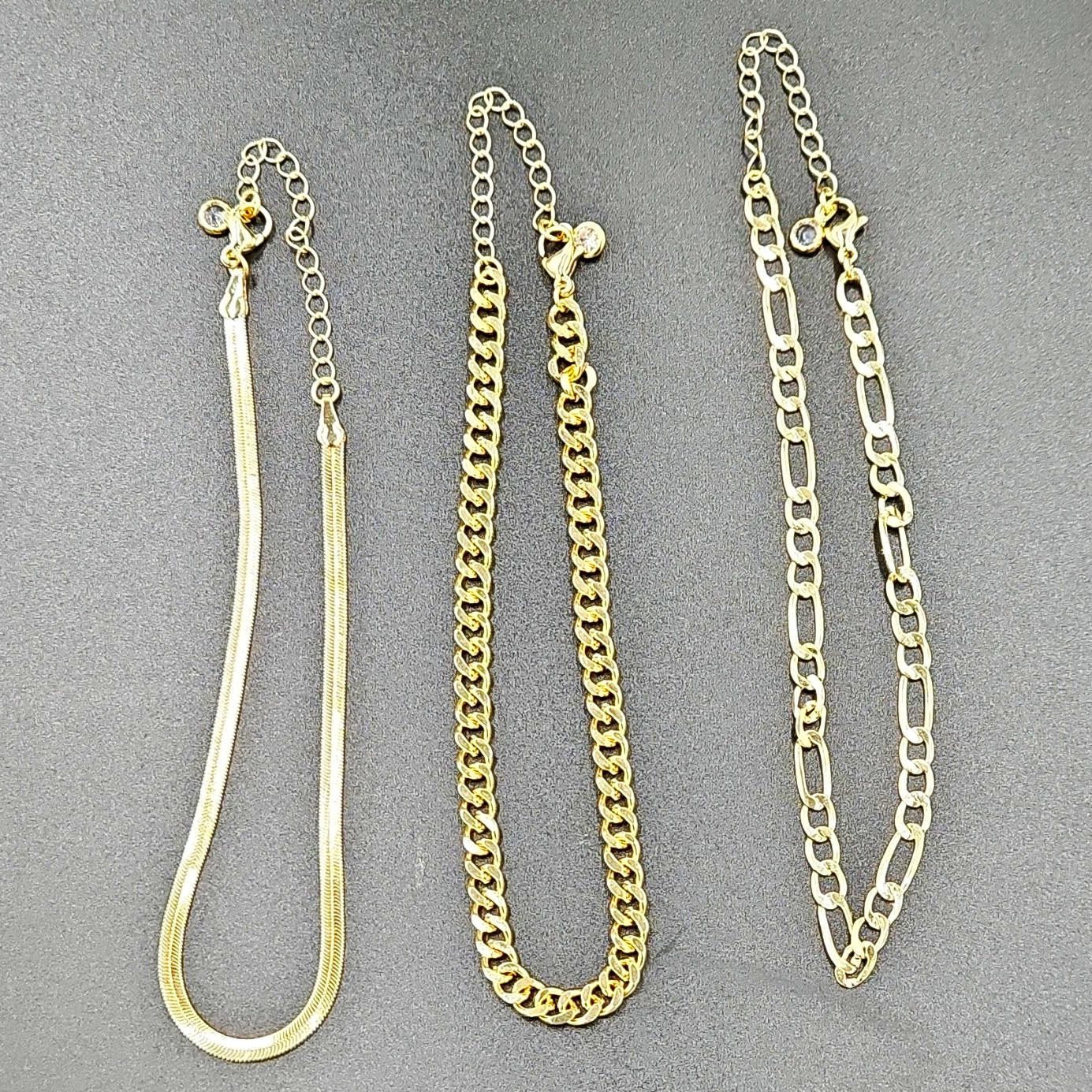 Gold Tone Curb Link Chain Ankle Bracelets of 3, Adjustable Lobster Clasp