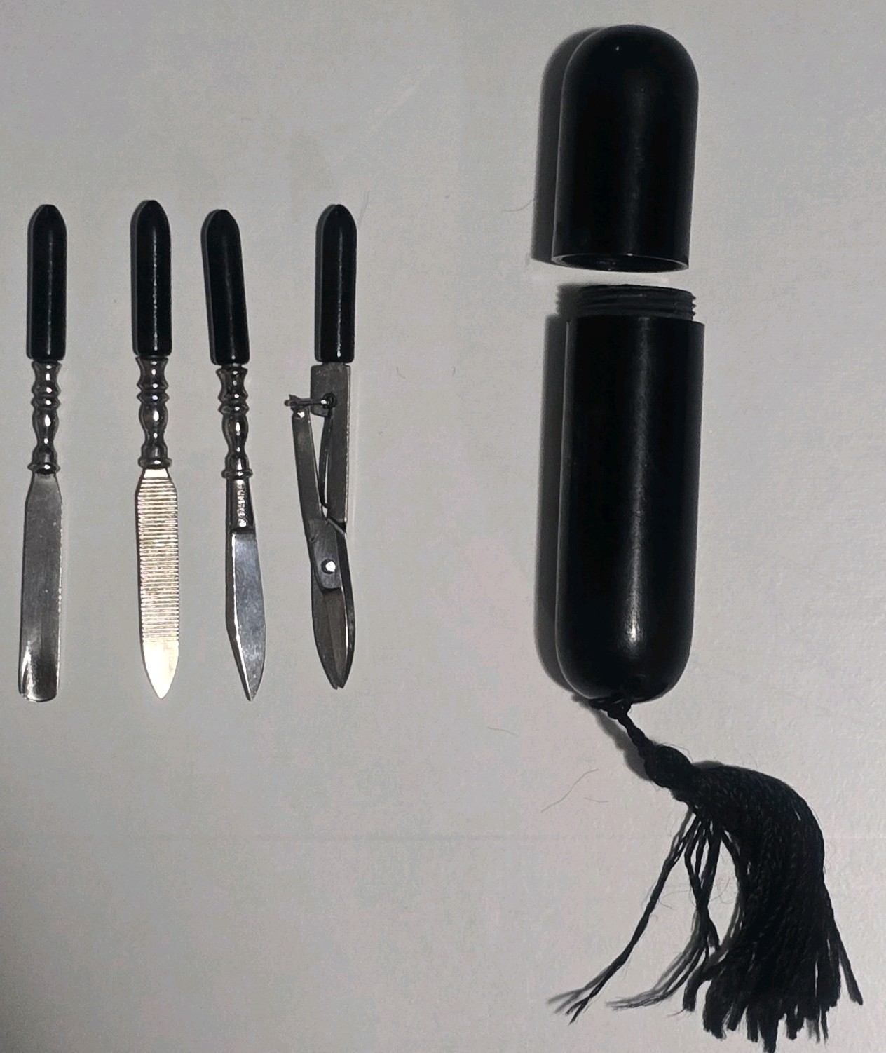 Vintage Mini Manicure Set 4 pieces black tube holder with tassel