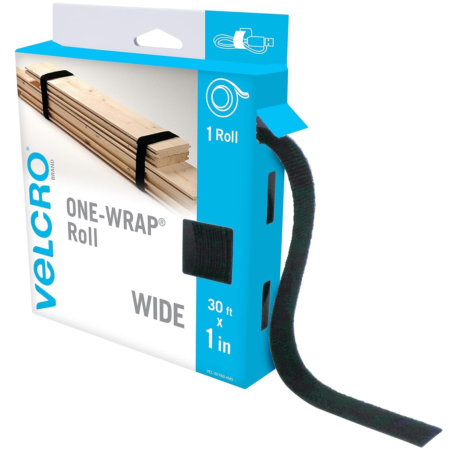 VEL-30768-AMS Wide Straps 1 in X 30 Ft Roll | Cut to Length, Reusable Self-Gripp