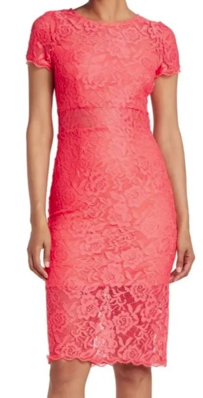 NSR Women\'s Strech Lace Peekaboo Short Sleeve Midi Dress in Coral Medium NSR Women\'s Strech Lace Peekaboo Short Sleeve Midi Dress in Coral Medium