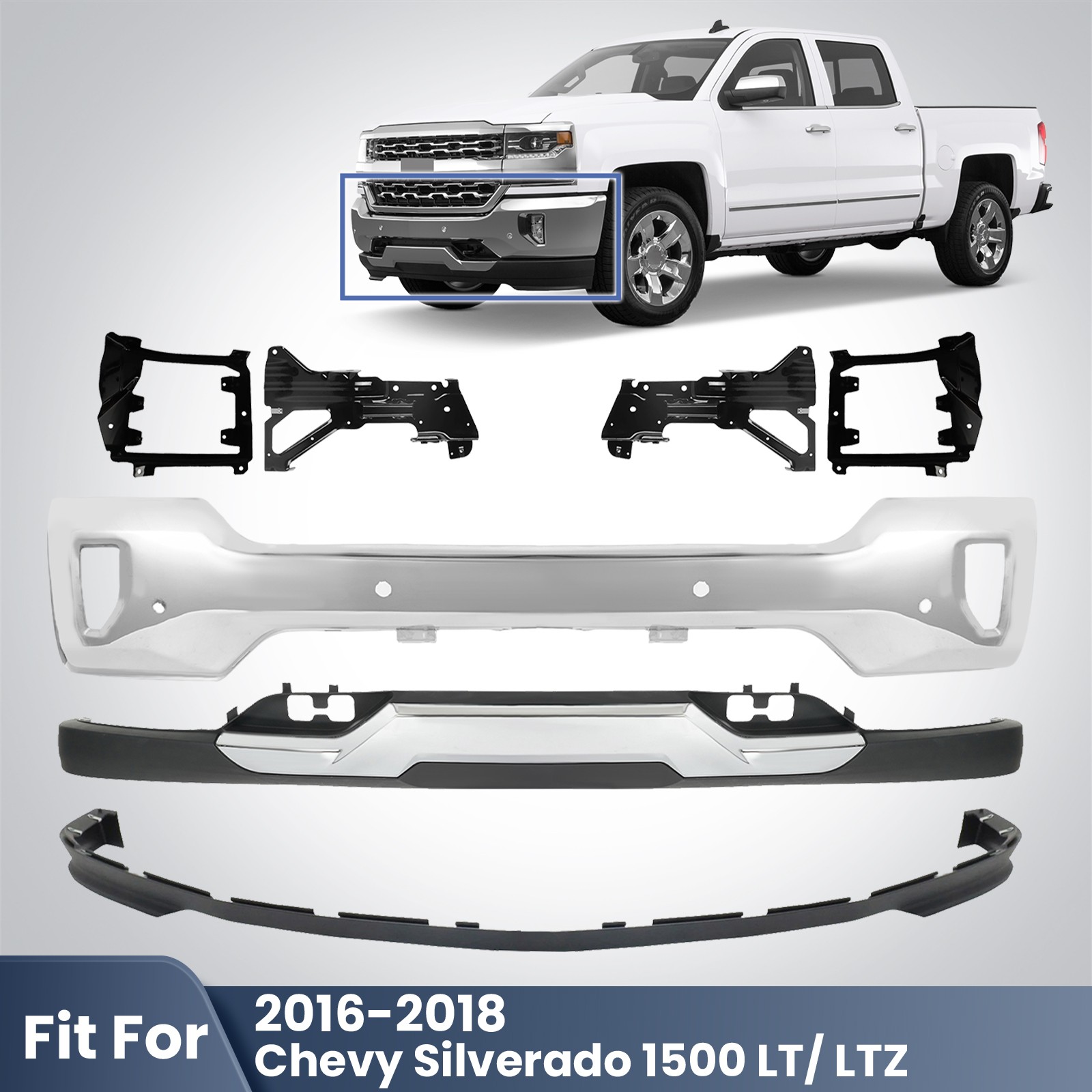 For 2016-2018 Chevy Silverado 1500 Front Bumper Kit Upper & Lower W/ Skid Plate For 2016-2018 Chevy Silverado 1500 Front Bumper Kit Upper & Lower W/ Skid Plate