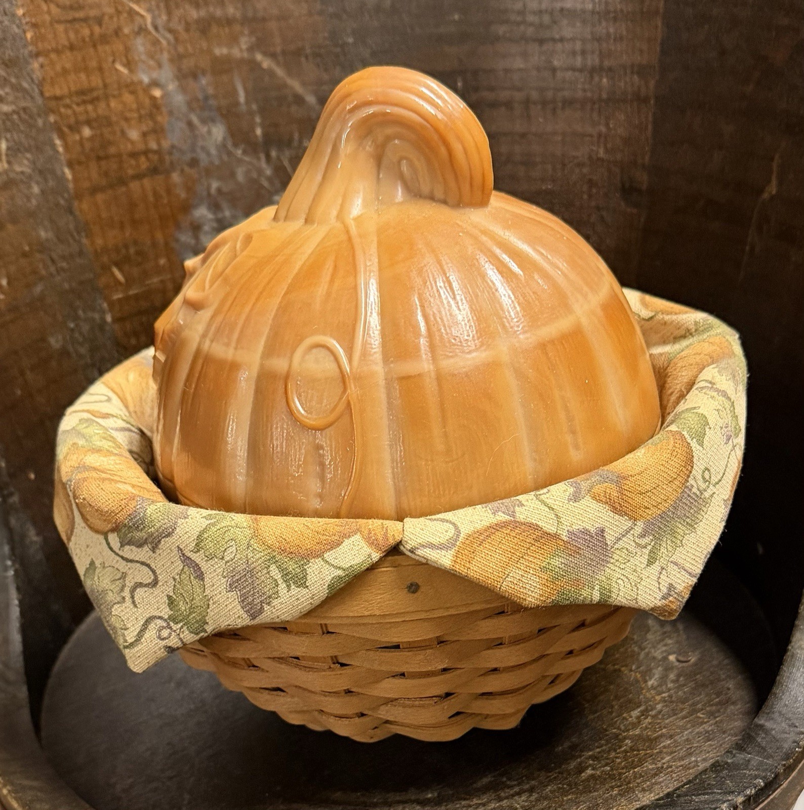 Vintage Longaberger Pottery Milk Glass Pumpkin Dish With Basket & Liner Vintage Longaberger Pottery Milk Glass Pumpkin Dish With Basket & Liner