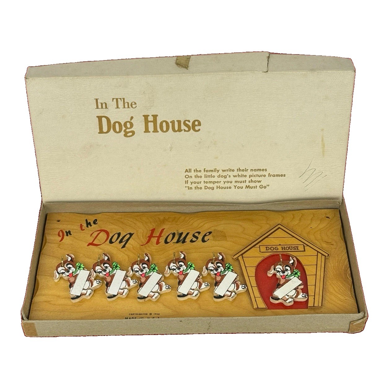 Vintage 1958 In The Dog House Family Wall Plaque Key Holder Original Box Vintage 1958 In The Dog House Family Wall Plaque Key Holder Original Box