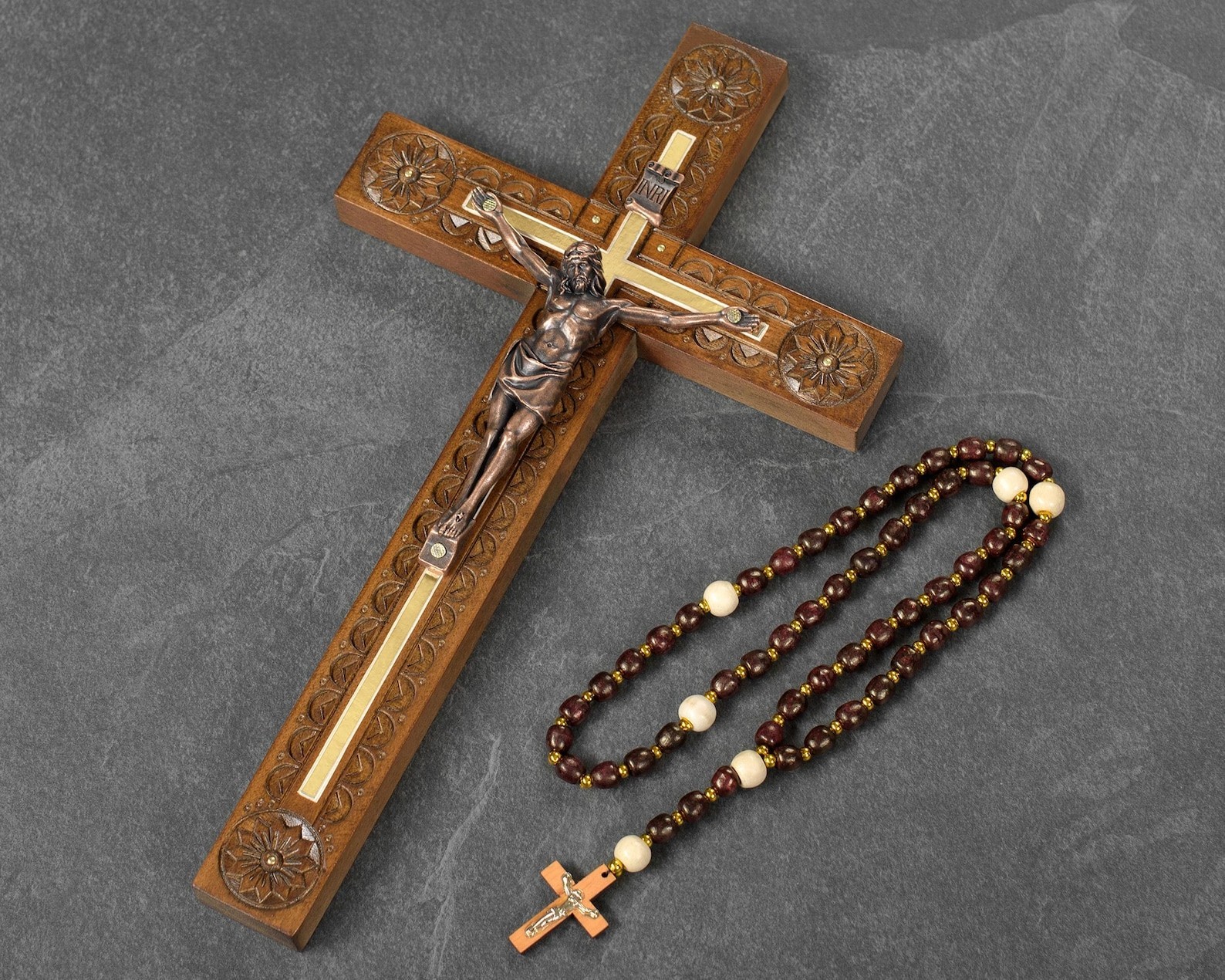 Hand Carved Wooden Crucifix Wall Cross – Catholic Gift with Rosary