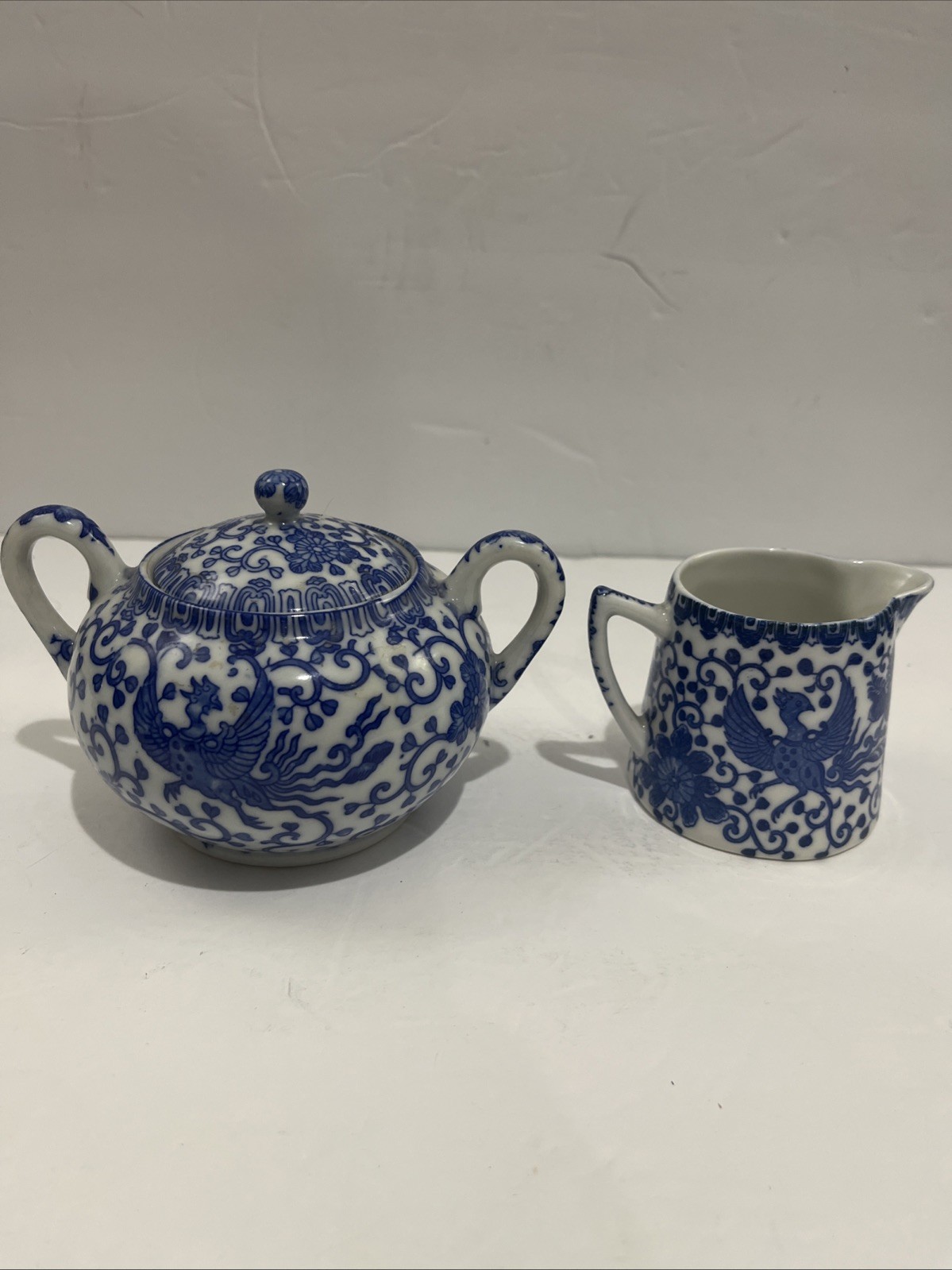 Vintage Blue & White Flying PHOENIX Turkey Bird Creamer And Sugar Bowl Set