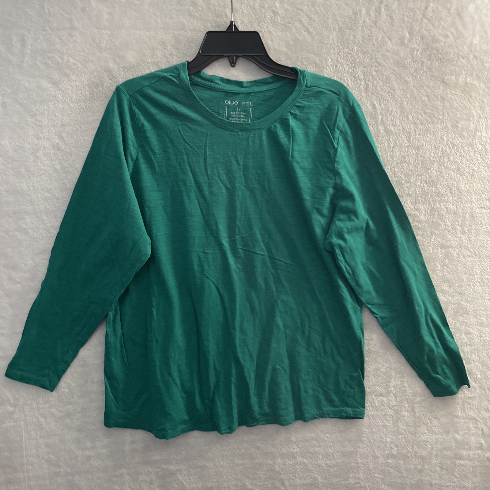 Blue Sol Womans Blouse Top Solid Teal Green Plus 1X Cotton Blend Long Sleeve