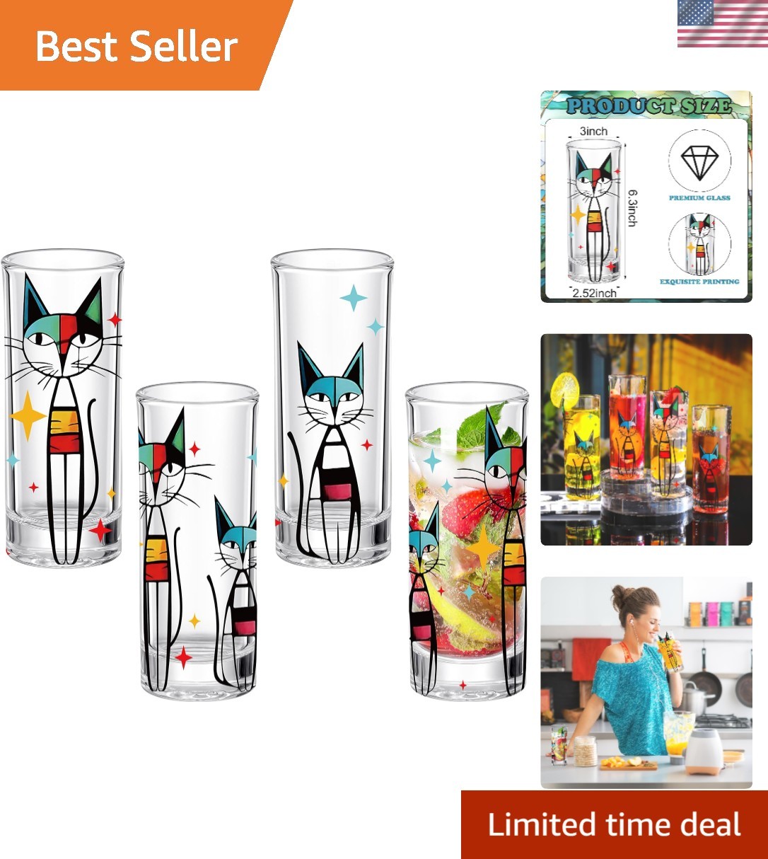 4 Pcs Retro Cat Glass Cups, Black Cool Cat Drinking Glasses, 8 oz