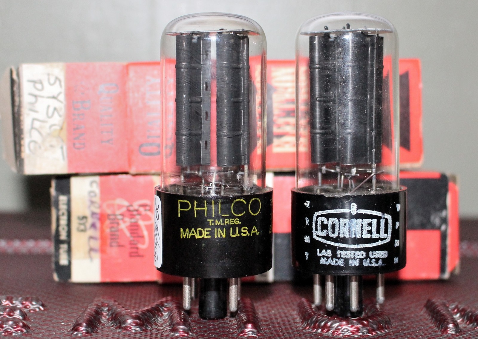 SYLVANIA 5Y3GT PERFECT MATCH PAIR BLK PLT [] GETTER TEST NOS+ EARLY 1950'S