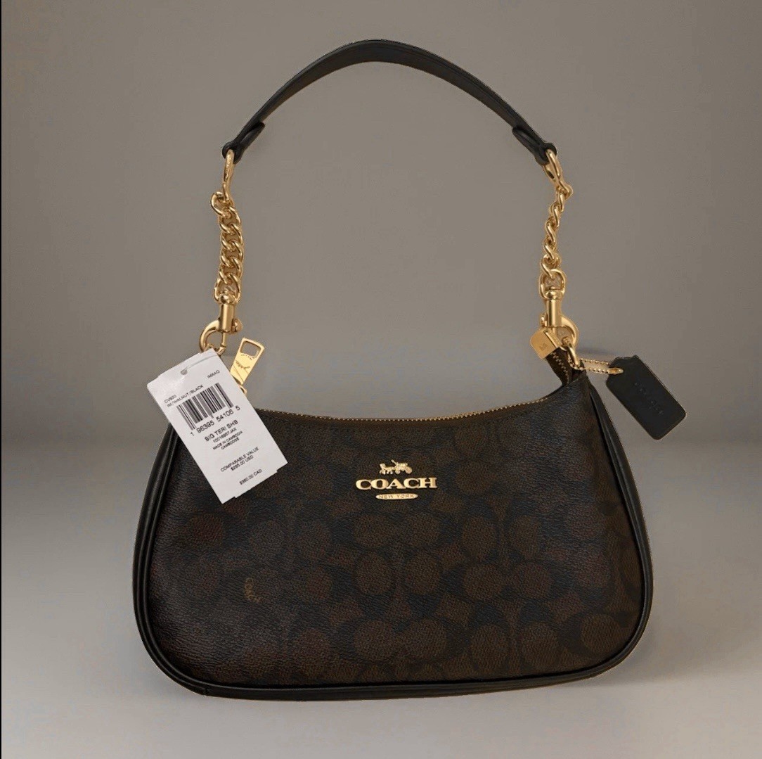 COACH NWT Teri Shoulder Bag In Signature Canvas/Gold/Walnut/Black New CA548 COACH NWT Teri Shoulder Bag In Signature Canvas/Gold/Walnut/Black New CA548