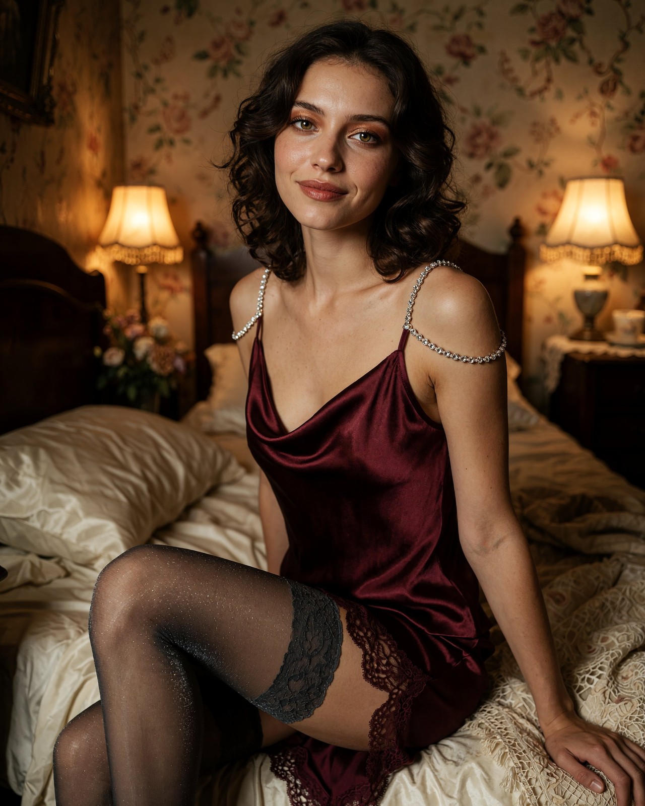 Brunette Glamour Model Pinup Satin Lingerie Bedroom 8x10 Photo Print - 76938