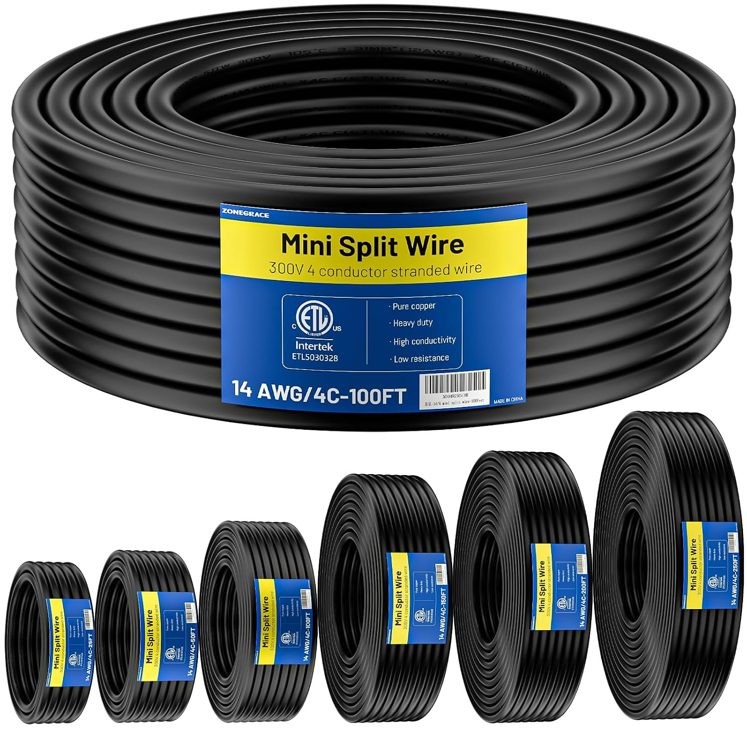 100FT 14/4 Mini Split Cable, 14 AWG 4 Conductor Stranded Pure Copper ETL Listed