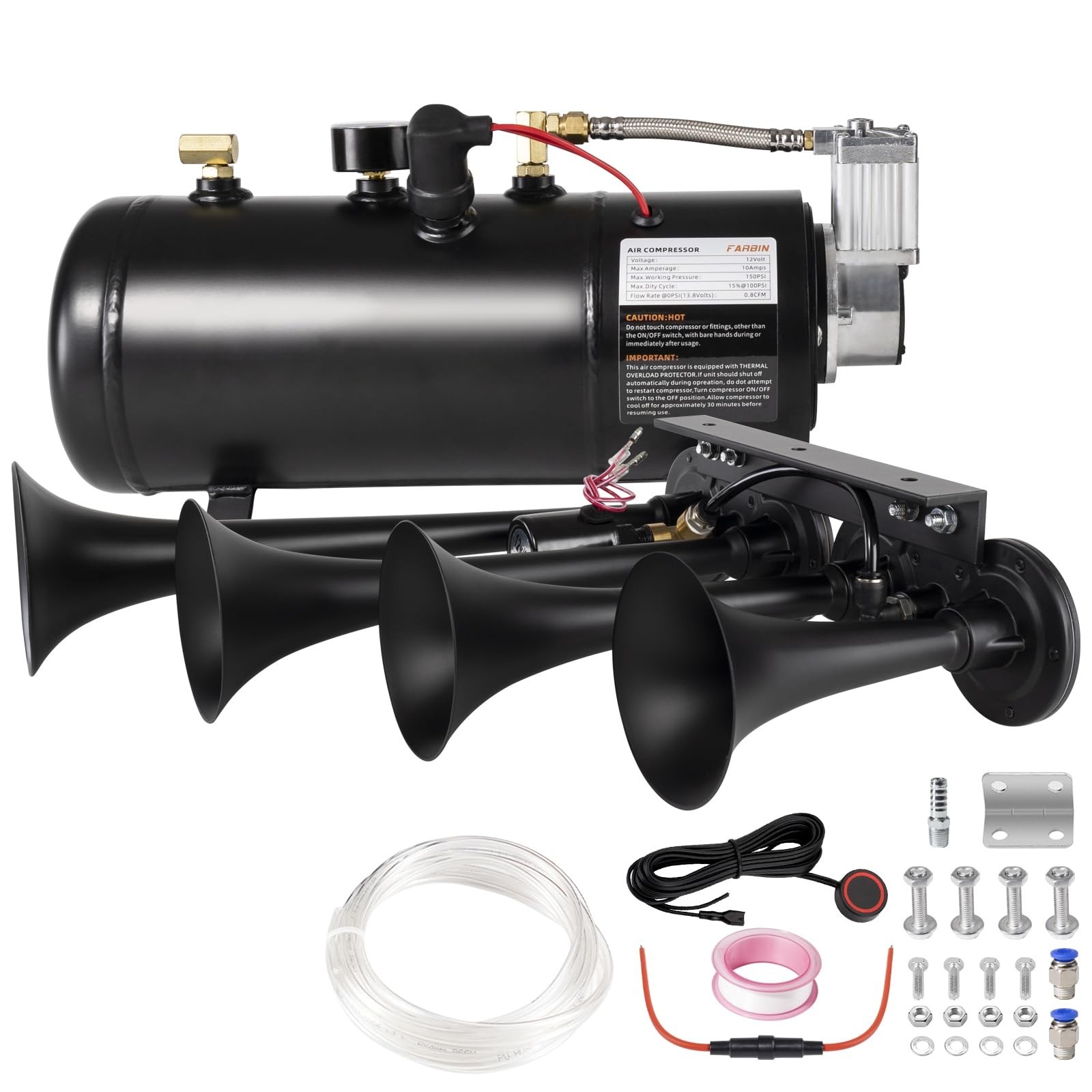 Super Loud Train Horns Kit,180dB Four Trumpet Truck Horns with 150 PSI Air Ta... Super Loud Train Horns Kit,180dB Four Trumpet Truck Horns with 150 PSI Air Ta...
