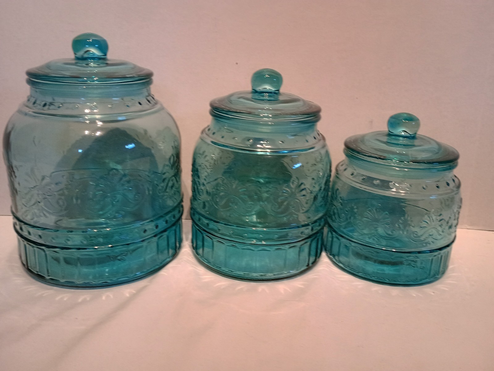 The Pioneer Woman Cassie Embossed Teal Glass Canisters 3-Piece Set