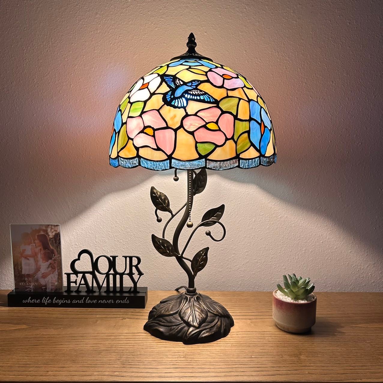 Tiffany Style Table Lamp Blue Pink Stained Glass Hummingbird Flowers 12\