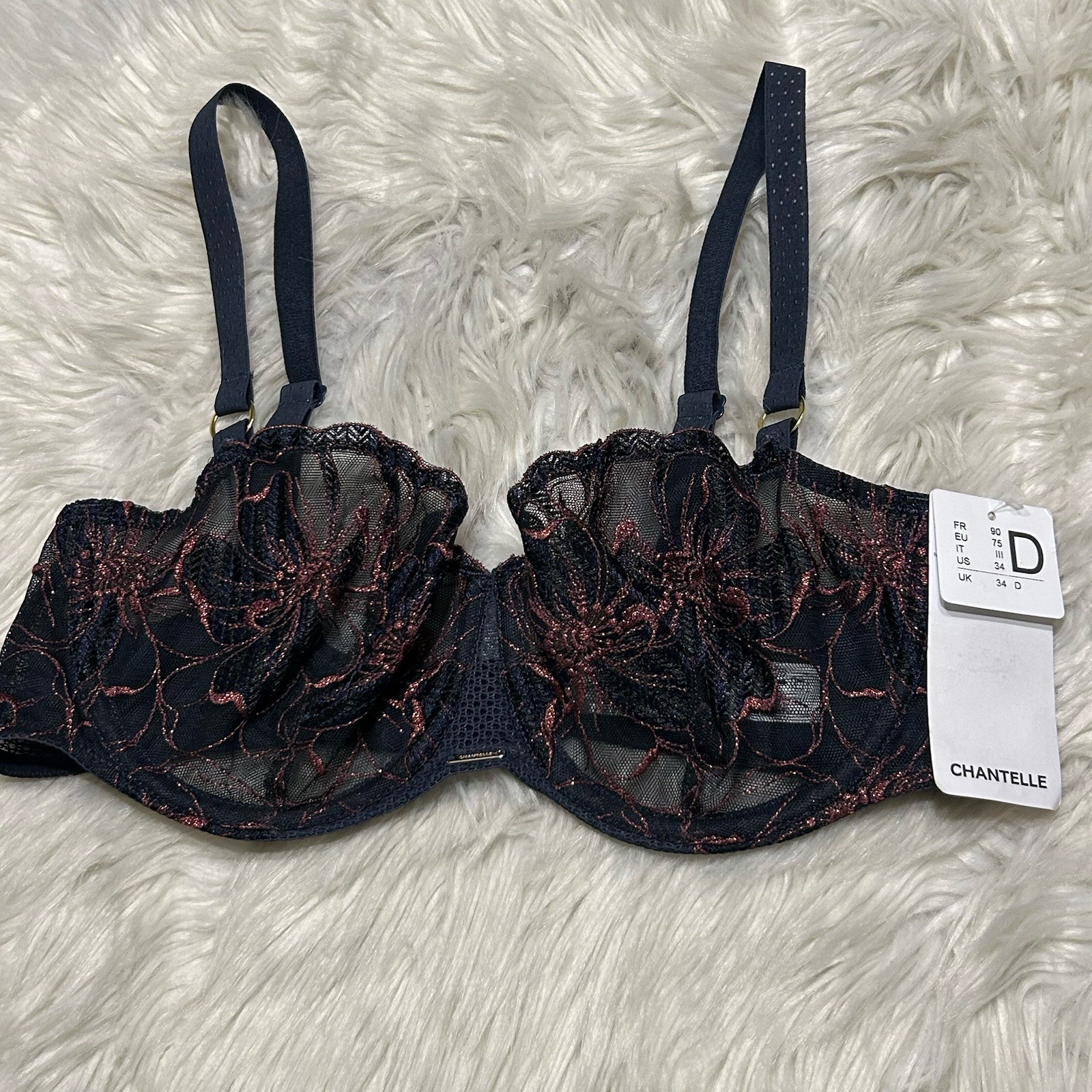 Chantelle 34D Bra Blue Fleurs Signature Lace Demi Sheer C12Q50 NEW $125 Chantelle 34D Bra Blue Fleurs Signature Lace Demi Sheer C12Q50 NEW $125