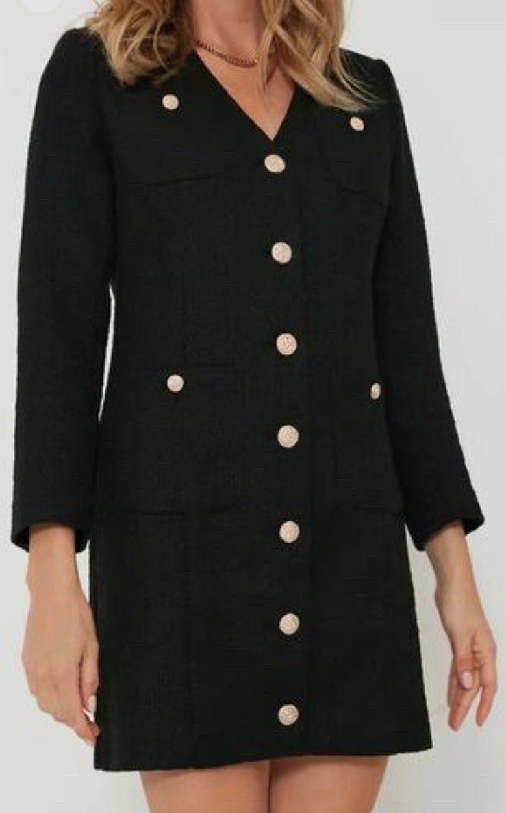 New TUCKERNUCK Pomander Place Black Tweed Keira Dress Gold Buttons Sz Medium NWT