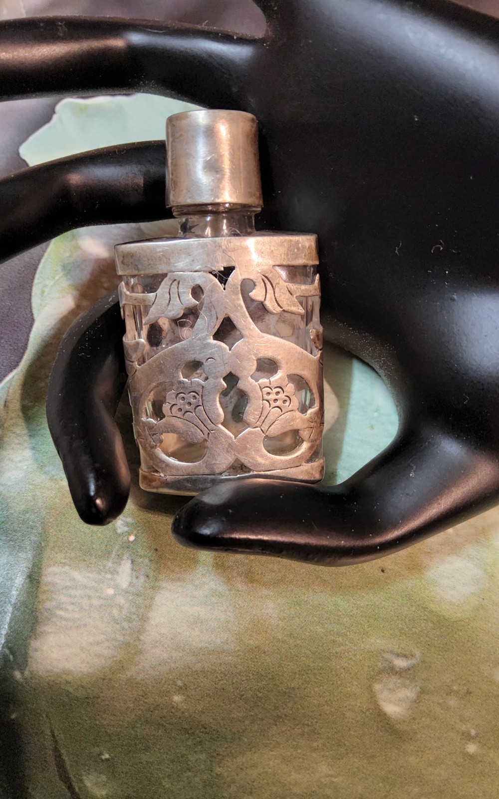Vintage Taxco Mexico JJC Signed Sterling Silver 925 Overlay Glass Perfume Bottle