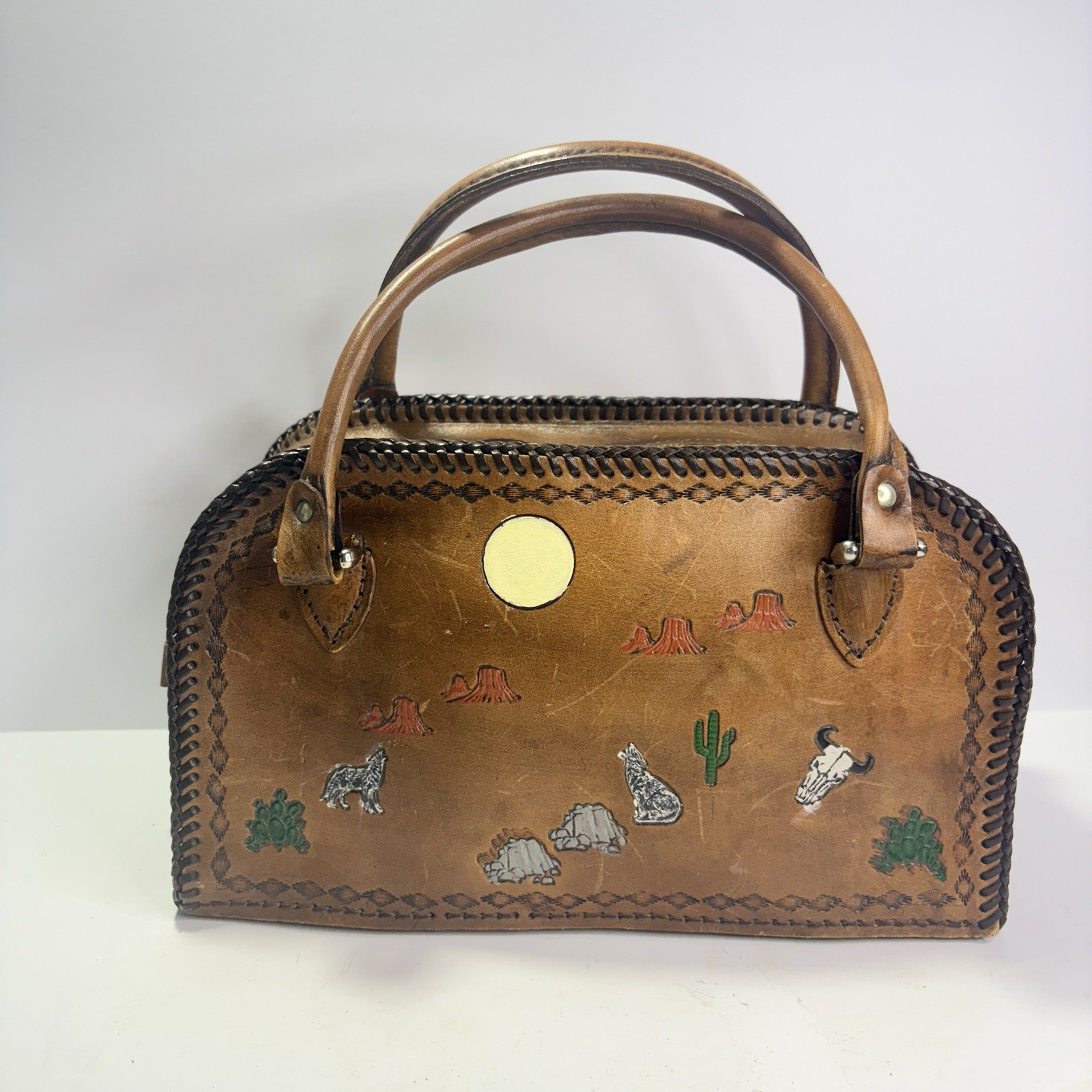 Vintage Hand Tooled Leather Purse Southwestern Desert Painted Western Satchel Vintage Hand Tooled Leather Purse Southwestern Desert Painted Western Satchel