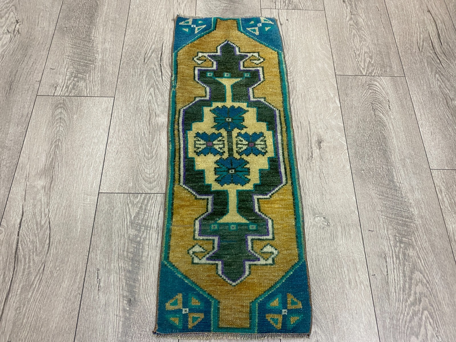 Vintage Turkish Mini Small Rug 1.0x2.7 ft Mustard Yellow Blue Doormat Carpet