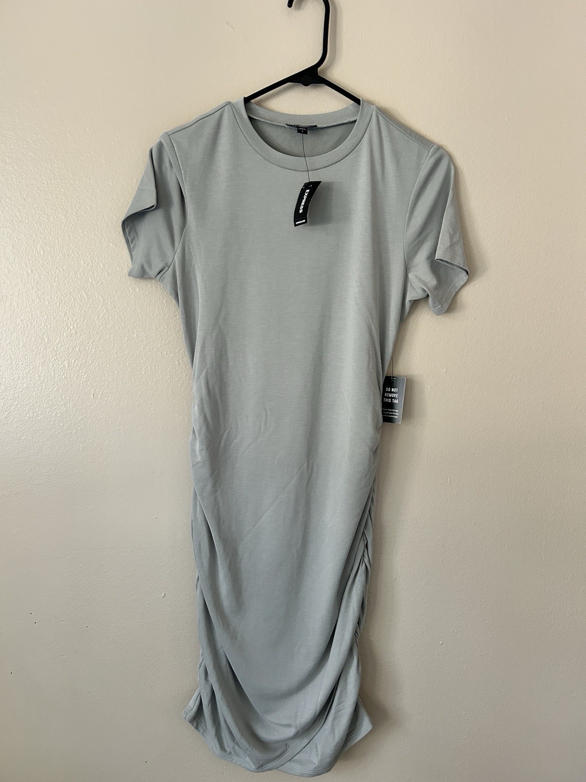 NWT Express Women\'s Size S Sage Green Ruched Bodycon Midi T-Shirt Dress $69.95
