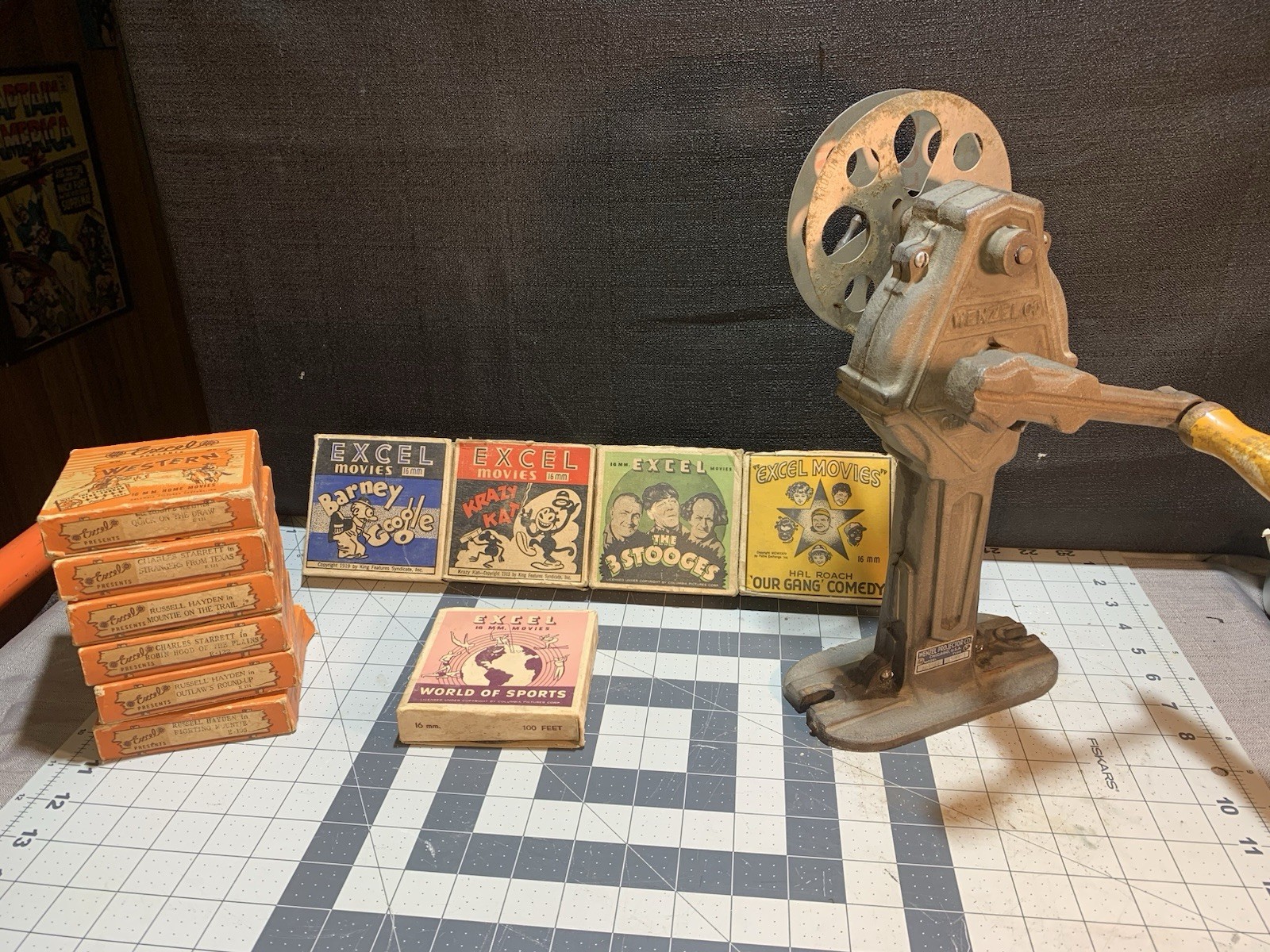 Vintage Wenzel Cast Iron 16 mm Film Rewind & 11 Movie Reels