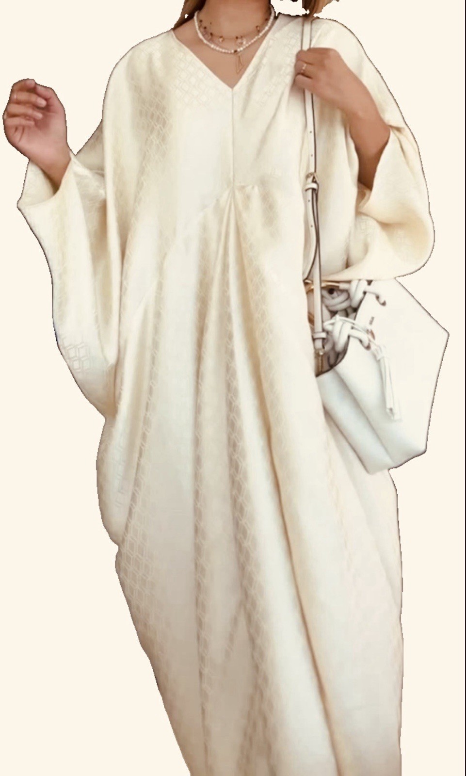 H&M Limited Edition Satin Long Kaftan V-Neck Embossed Geo Dress Pale Yellow-M/L