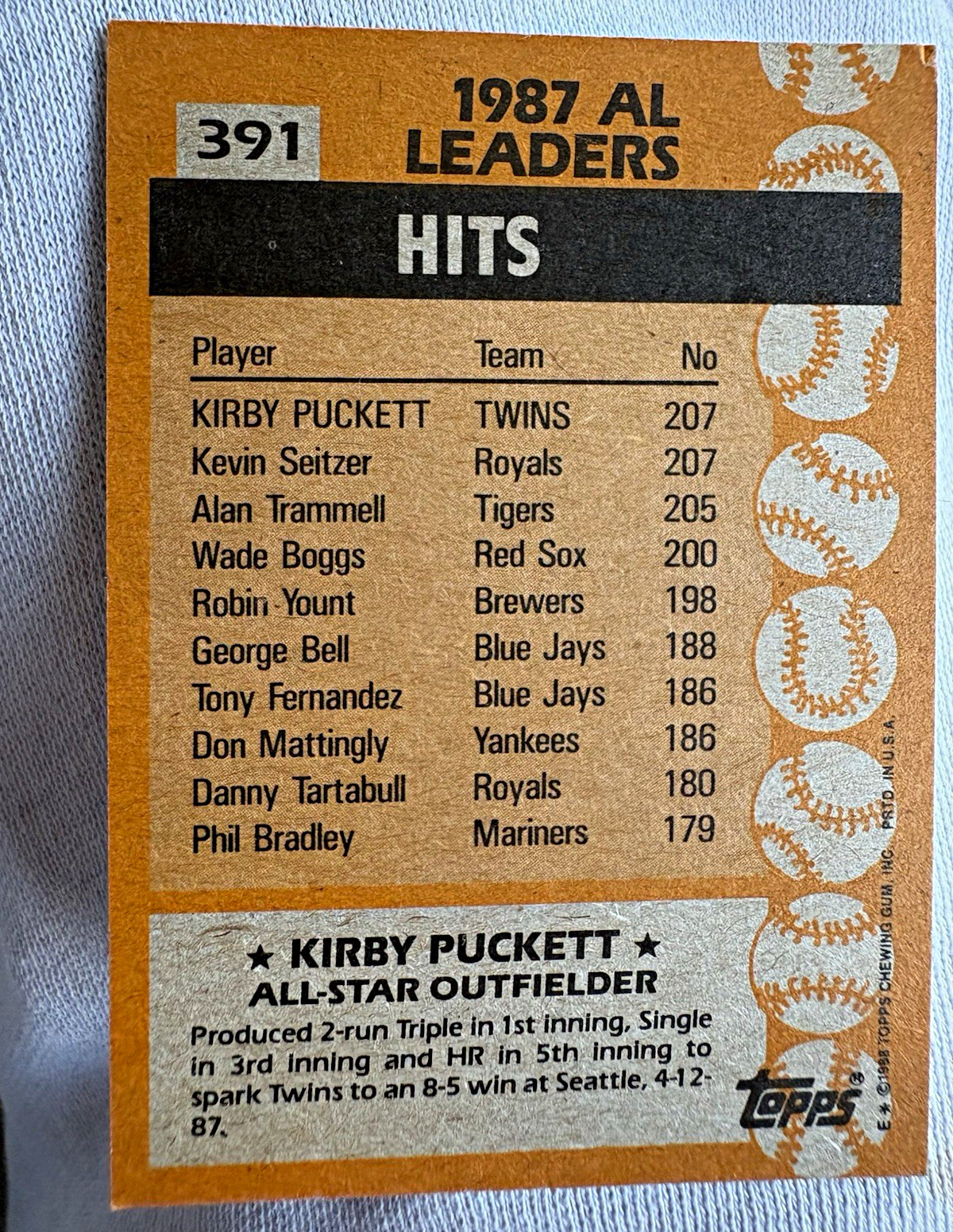 Topps 1988 Topps #391 Kirby Puckett All-Star MLB Minnesota Twins Card Topps 1988 Topps #391 Kirby Puckett All-Star MLB Minnesota Twins Card