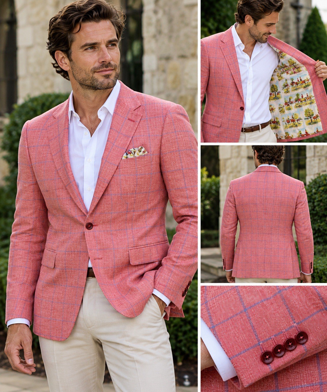 Q Clothier Custom Marzoni Italy Mens Sport Coat Pink Blue Windowpane Blazer