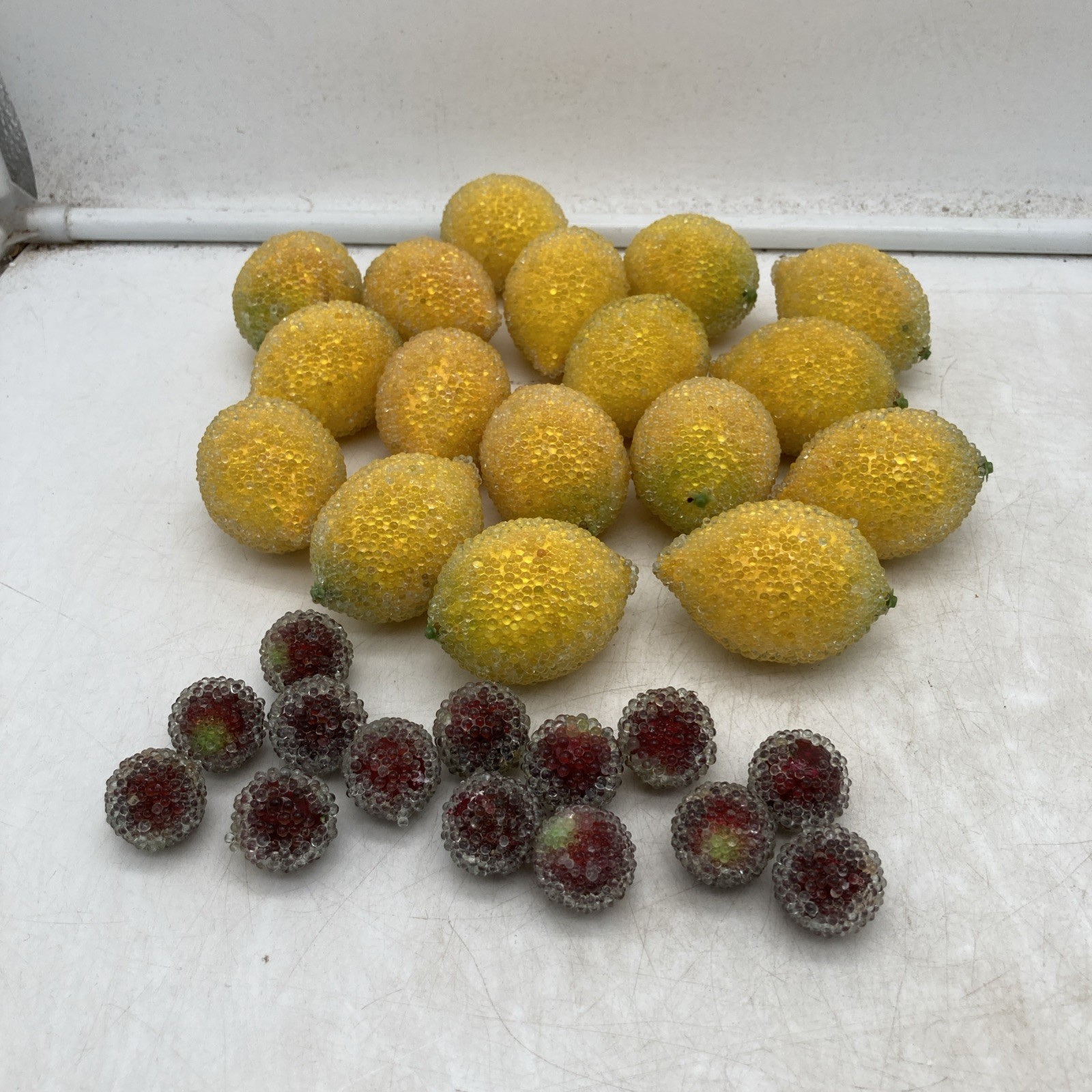 Vtg Mid Century Beaded Faux Fruit LOT 32pc Sugared Lemons Grapes MCM Bowl Filler Vtg Mid Century Beaded Faux Fruit LOT 32pc Sugared Lemons Grapes MCM Bowl Filler