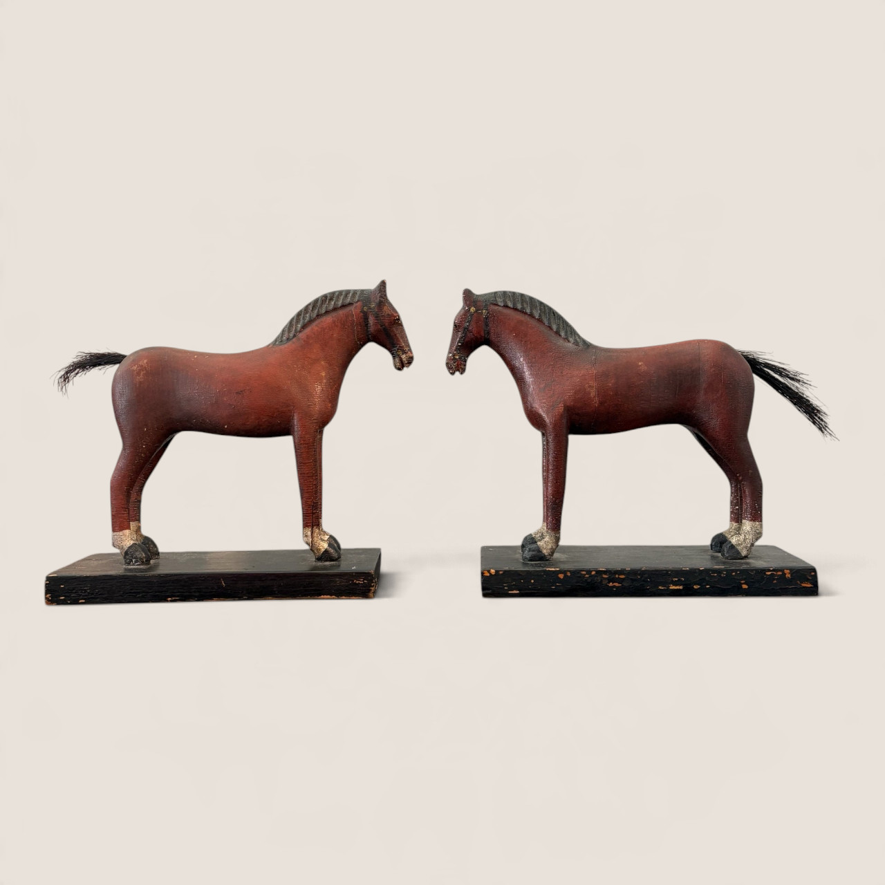 Pair of Hand Carved 19th C Wooden Horse Figurines